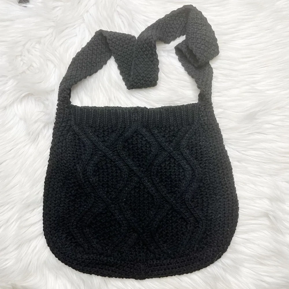 Crochet Knit Hobo Shoulder Bag Black